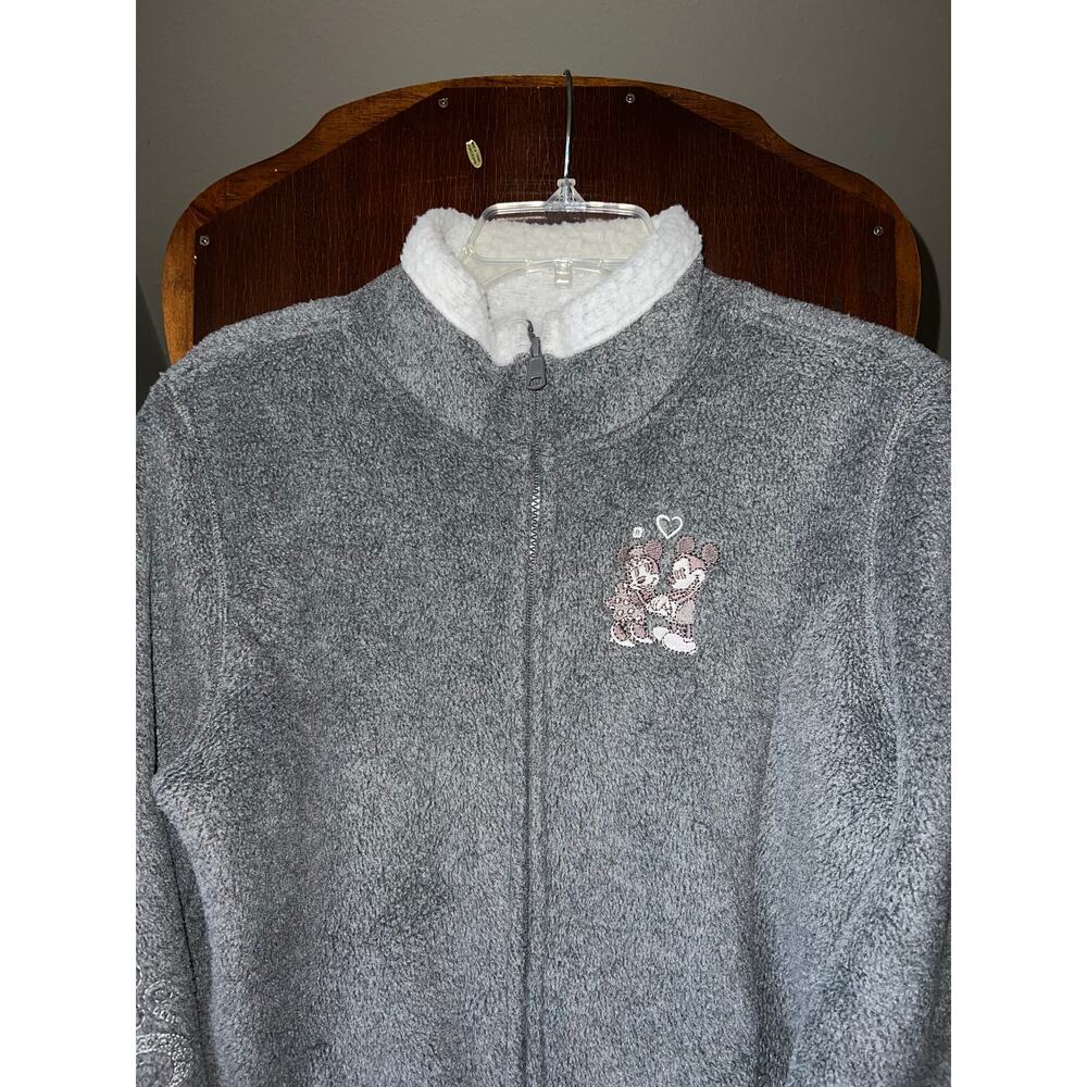 Walt Disney World Grey Mickey Minnie Embroidered Fleece Sherpa Zip Jacket - Picture 2 of 9